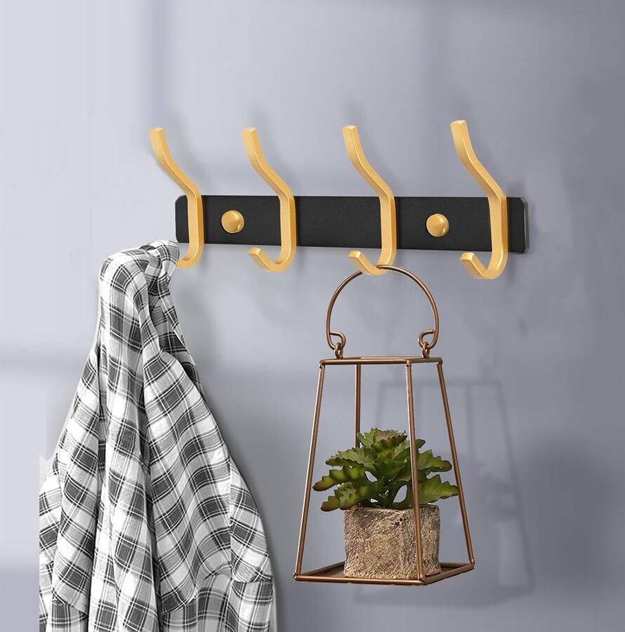 Garderobehaken roestvrij staal haaklijst kledinghaken muur met 6 haken garderobelijst wandgarderobe voor slaapkamer badkamer keuken (zwart en goud 4 haken 2 stuks)