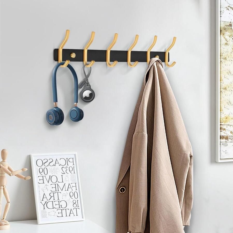 Garderobehaken roestvrij staal haaklijst kledinghaken muur met 8 haken garderobelijst wandgarderobe voor slaapkamer badkamer keuken (8 haken zwart en goud)