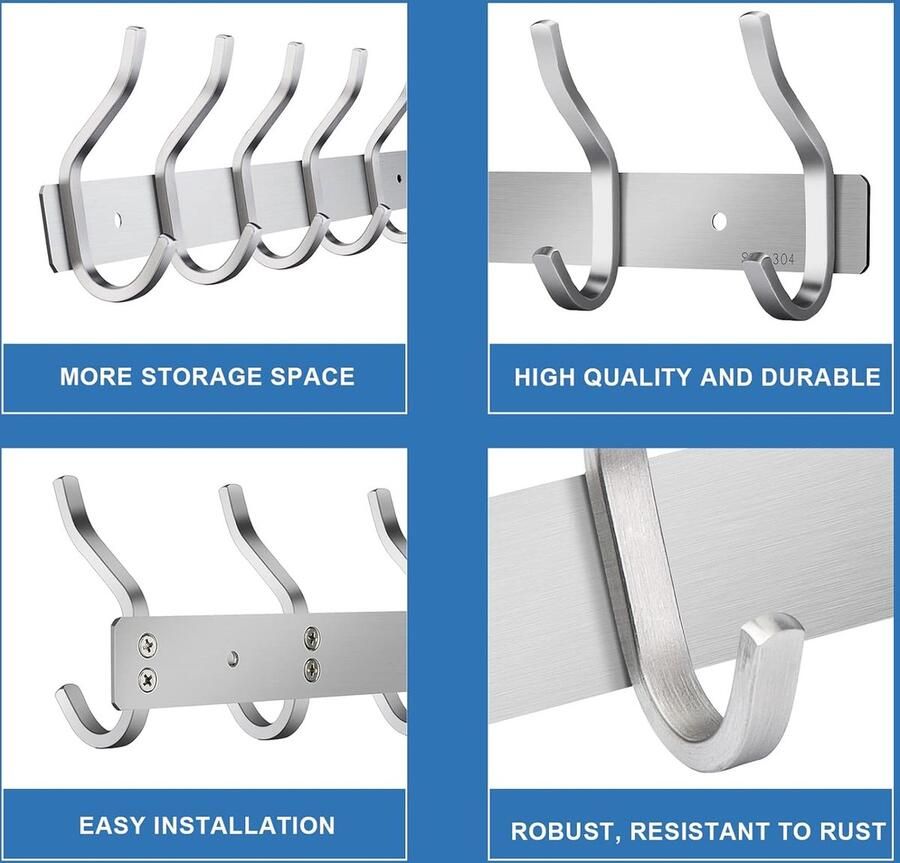 Garderobehaken roestvrij staal hakenlijst kledinghaken muur met 6 haken garderobelijst wandgarderobe voor slaapkamer badkamer keuken (zilver 6 haken)