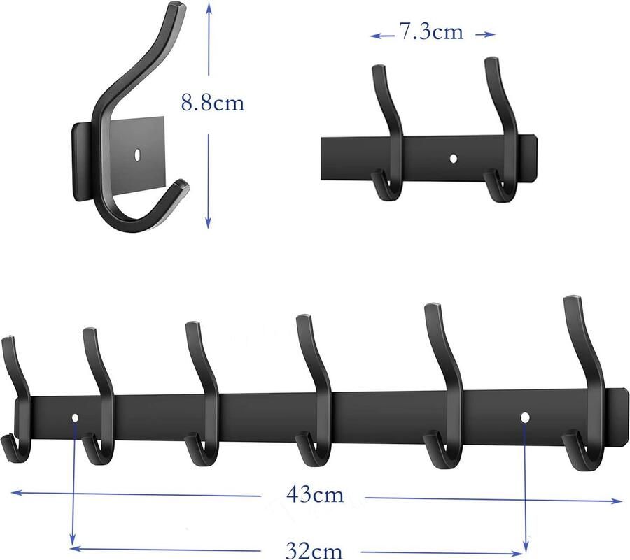 Bastix Garderobehaken roestvrij staal hakenlijst kledinghaken muur met 6 haken garderobelijst wandgarderobe voor slaapkamer badkamer keuken (zwart 6 haken) - Foto 2