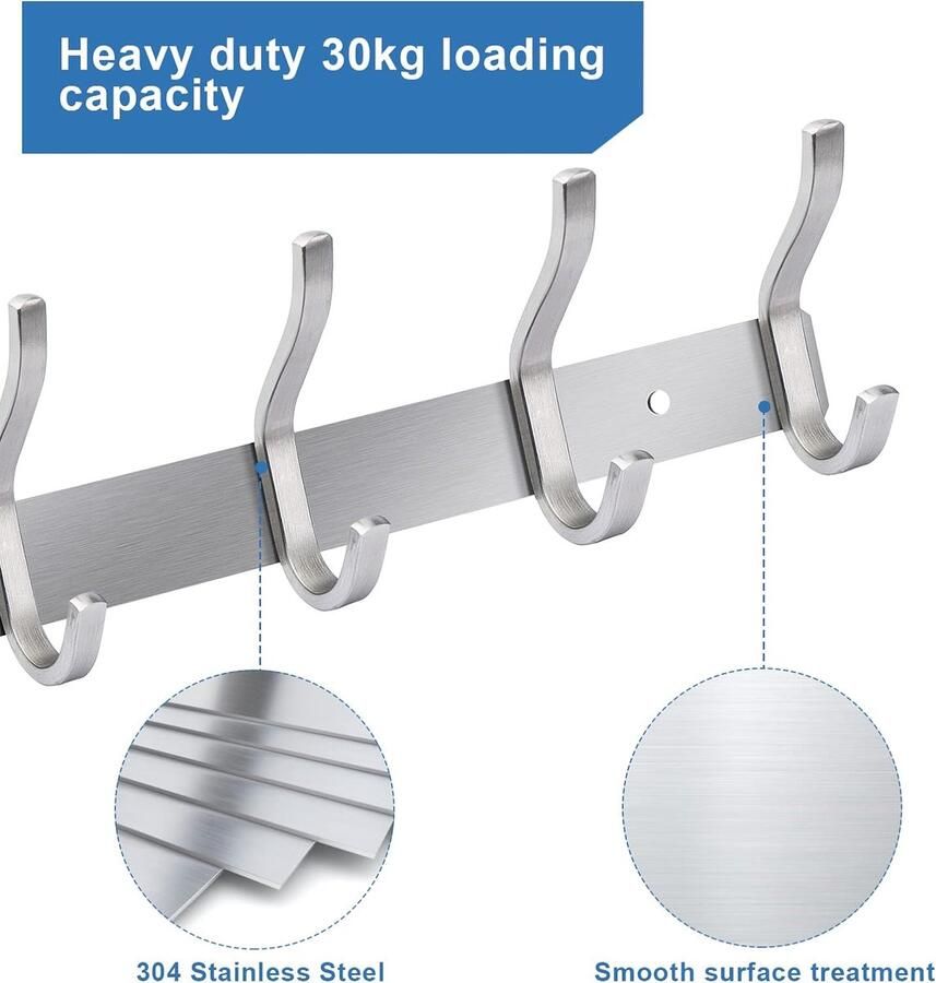 Garderobehaken roestvrij staal hakenlijst kledinghaken muur met 6 haken garderobelijst wandgarderobe voor slaapkamer badkamer keuken (zilver 6 haken) - Foto 2