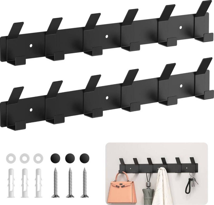 Garderobehaken set van 2 kledinghaken met 6 haken haaklijst zwart roestvrij staal garderobelijst wandgarderobe voor badkamer keuken woonkamer en hal