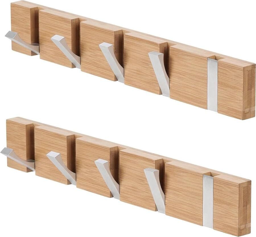 Garderobehaken set van 2 opvouwbare bamboe kleerhangers met 5 klaphaken