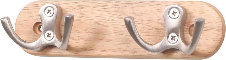 Garderobehaken van hout met 2 roestvrijstalen haken 16 cm