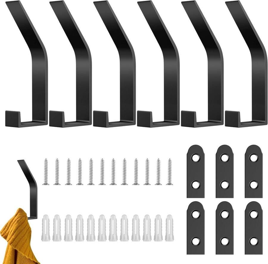 6 stuks roestvrijstalen garderobehaken met mat zwart design inclusief 24 schroeven