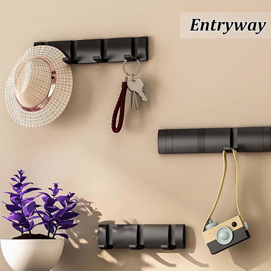 Kapstokken Wandmontage met 4 haken Zwarte zware kapstok voor muur Ruimte aluminium materiaal Opvouwbare metalen wandhaken voor hangende handdoekkledingsleutels Hoeden