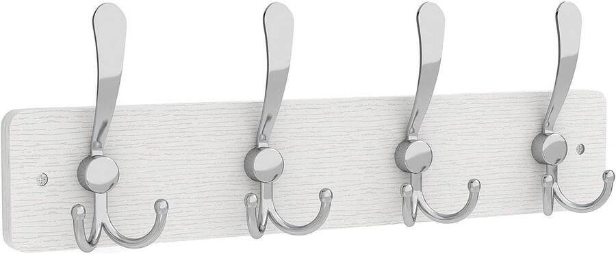 Retadou Garderobehaken wandgarderobe met 4 drievoudige haken zilver hout 42 cm wandmontage voor jassen hoeden tassen voor hal garderobe wit