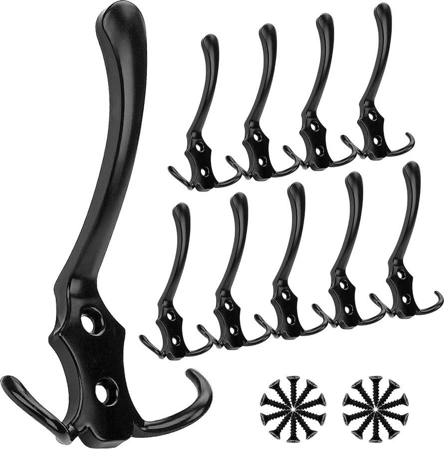 Zwarte Wandhaken Set van 10 Drie Kledinghaken Inclusief 20 Schroeven Voor Slaapkamer Badkamer Kledingkast Metaal Garderobehaken