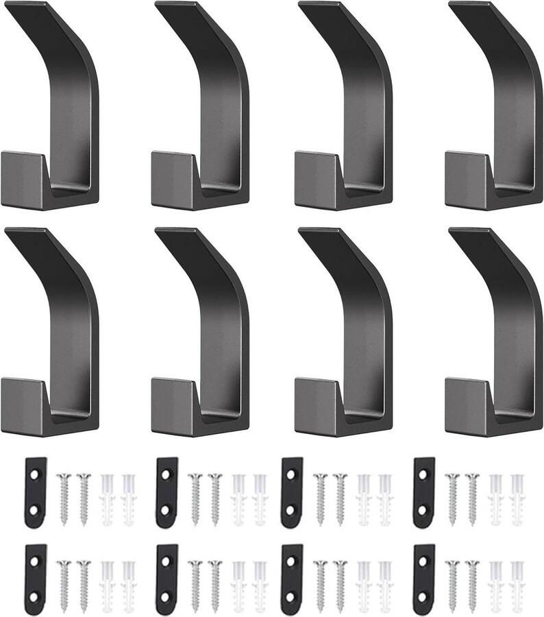 Garderobehaken zwart set van 8 kledinghaken aan de muur inclusief schroeven moderne wandhaken voor badkamer slaapkamer deur kast jassen en mutsen opbergen
