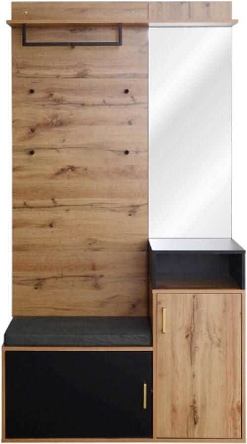 Garderobekast 105x40x1915cm Zwart Spaanplaat MDF Met 4 Haken Spiegel Schoenenkast Wandgarderobe Bovenplank Zitbank Modern Functioneel Voor Hal