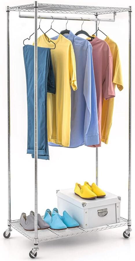 Garderobekast op wielen Heavy-duty kledingrek met 2 planken en hangende organizer