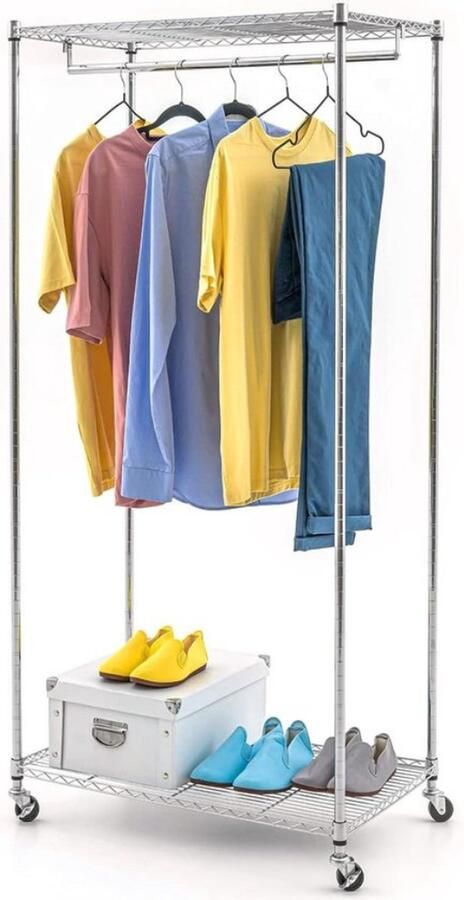 Garderobekast op wielen met heavy-duty kledingrek 2 planken hangende kledingorganizer kapstok hangend met plank - Foto 2