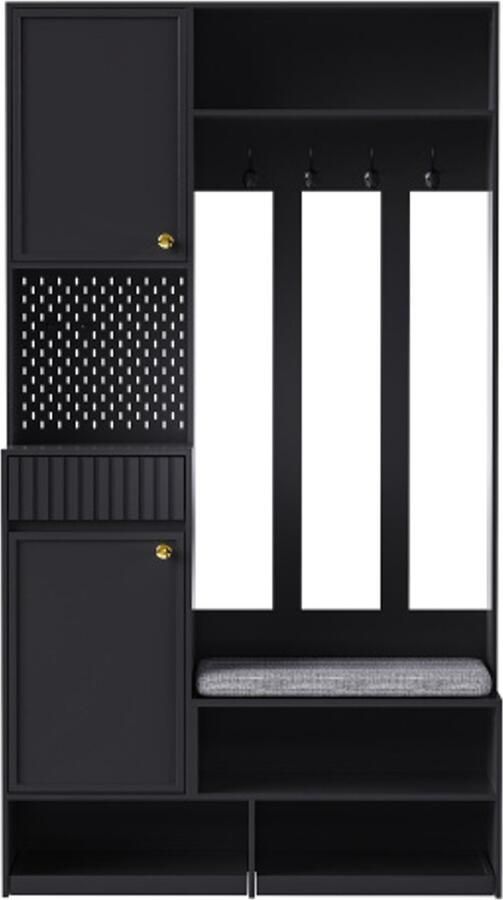 Garderobekastset complete halgarderobeset met bank 4 haken deuren en lades zwart compacte afmetingen 100×180×35 cm (B×H×D)