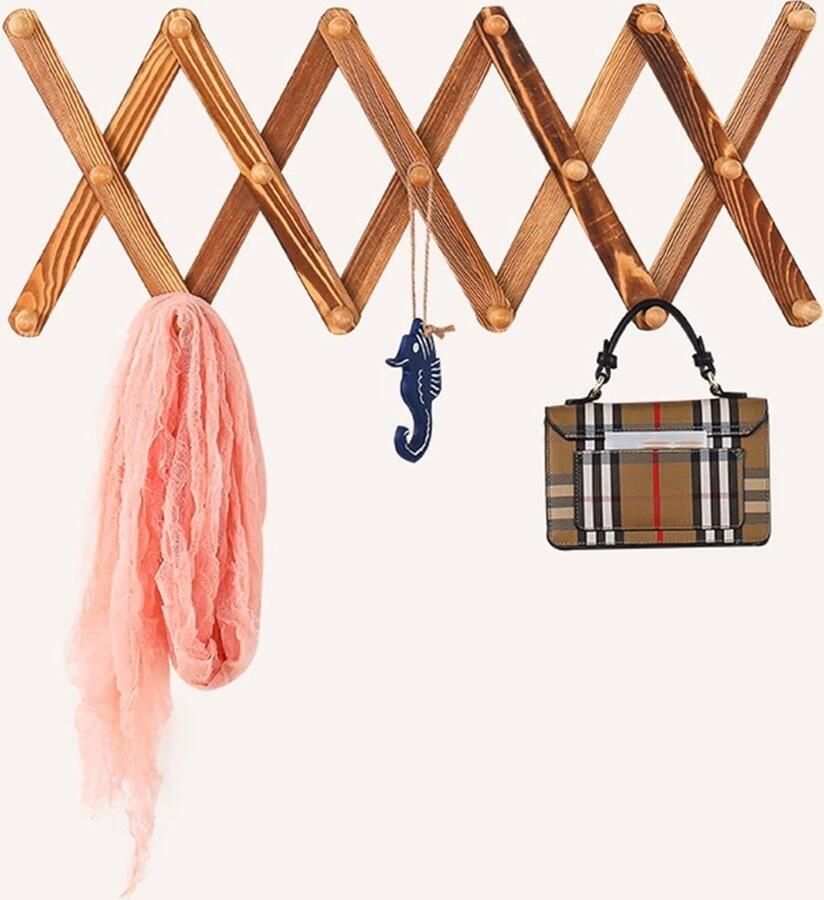 Garderobelijst hout garderoberek met 17 stiften kledingrek uitbreidbaar kledinghaken accordeon wandhanger garderobehaken voor het ophangen van mantels hoeden sjaal