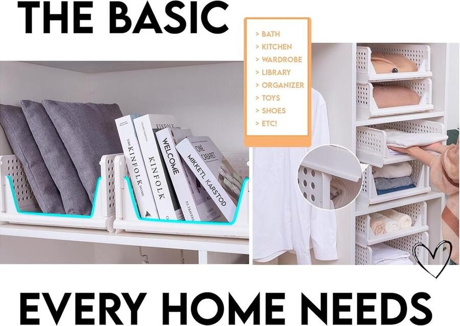 Bastix Garderobeorganisatorsysteem. Set van 4 kledingkastorganizers voor kleding. Stapelbare kastorganizers. Organizerdozen besparen ruimte. (L-43 x 33 x 18 5) - Foto 2