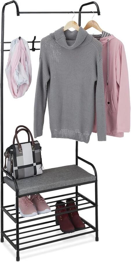 Garderoberek met schoenenrek en bankje Staand kledingrek met 4 haken 173x64x30 cm zwart