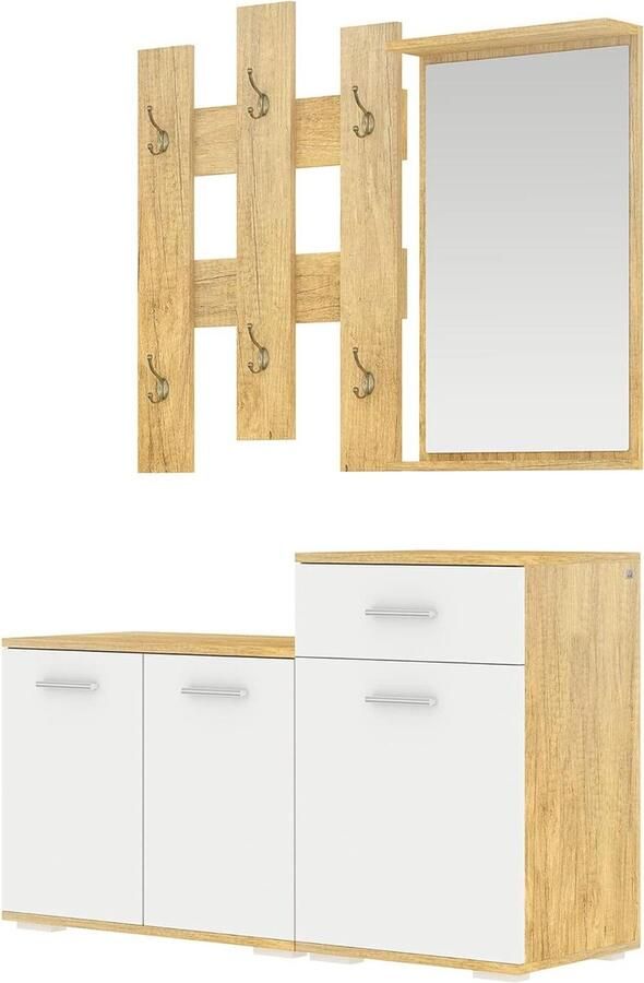 Garderobeset 3-in-1 Complete Garderobekast met Opbergkast 6 Haken Spiegel Schoenenrek Gangdressoir Wandkapstok Ganggarderobe Gang Naturel kapschuur