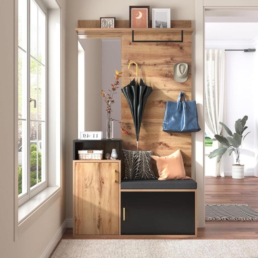 Garderobeset halgarderobeset met 4 garderobehaken- spiegel- schoenenkast- wandgarderobe- bovenste opbergvak- halmeubels kapschuur