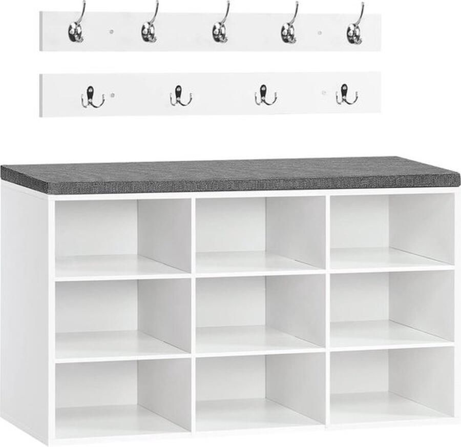 Garderobeset met schoenenrek schoenenbank met 9 vakken zacht beklede zitbank met schoenenrek wandgarderobe met 9 haken schoenenkast voor de gang entree slaapkamer wit EWT89HX01
