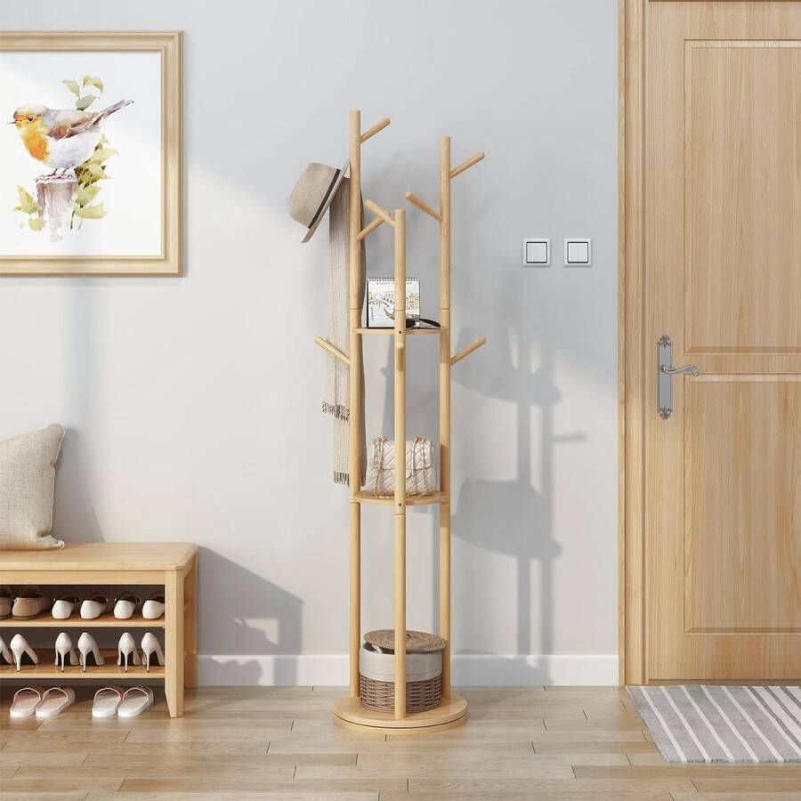 Garderobestandaard draaibare kapstok van hout met 3 legplanken en 9 haken stabiele en eenvoudige montage voor woonkamer hal slaapkamer kantoor (houtkleur)