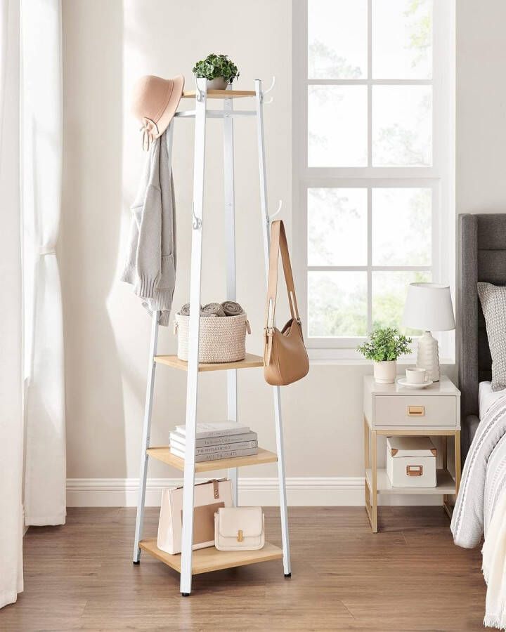 Garderobestandaard kledingstandaard garderobe met 8 dubbele haken 4 planken kledingstang met metalen frame voor jassen tassen voor hal slaapkamer eikenkleurig wit