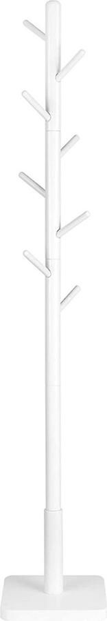 Garderobestandaard kledingstandaard massief hout vrijstaand boomvorm 8 haken voor jassen hoeden tassen entree hal haak en steunstang van rubberhout wit RCR010W02