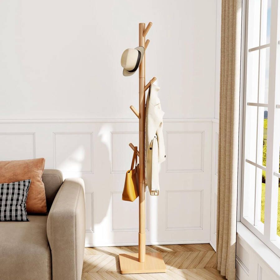 Garderobestandaard massief houten kledingrek met 8 haken in boomvorm vrijstaand vierkante basis voor hoeden kleding tassen hal woonkamer slaapkamer houtkleur