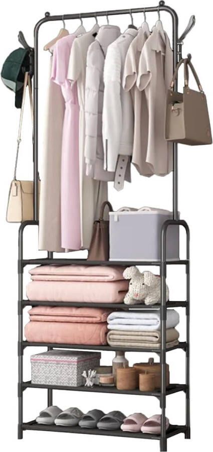 Garderobestandaard met schoenenrek. Halkapstok met bovenstang 2 haken voor het ophangen van kleding en tassen en 5 stoffen planken. Metalen kledingkast voor thuis badkamer woonkamer