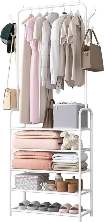 Garderobestandaard met schoenenrek. Halkapstok met bovenstang 2 haken voor het ophangen van kleding en tassen en 5 stoffen planken. Metalen kledingkast voor thuis badkamer woonkamer