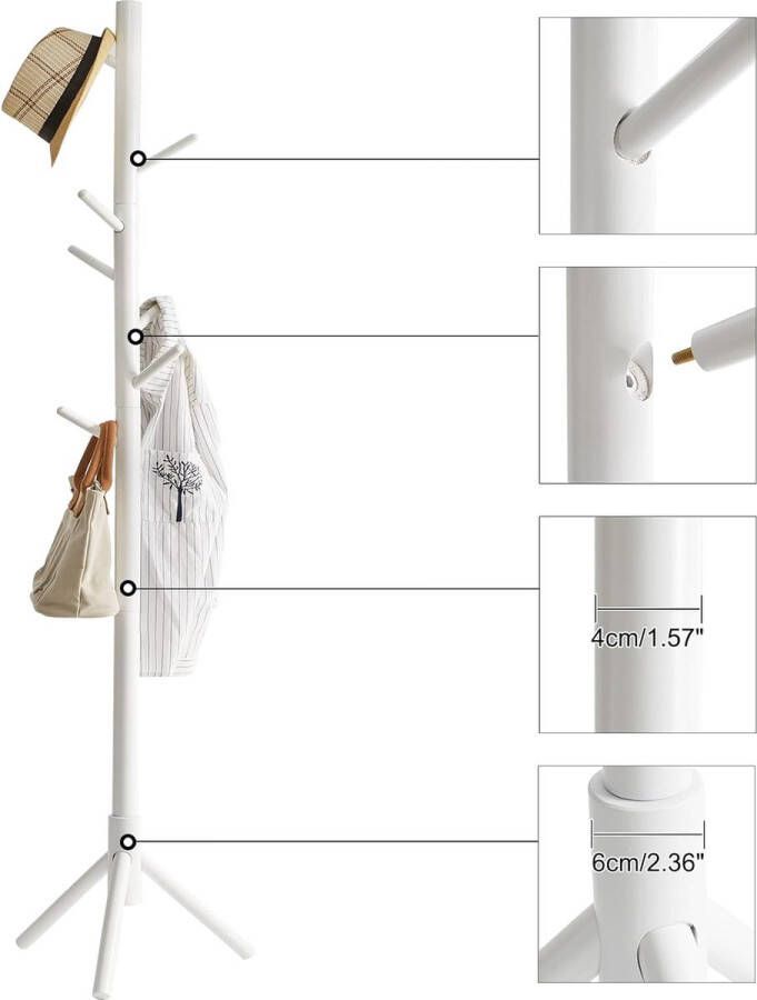 Garderobestandaard van massief hout kledingrek met 8 haken vrijstaande garderobe in boomvorm voor jassen hoeden tassen entree hal (wit)