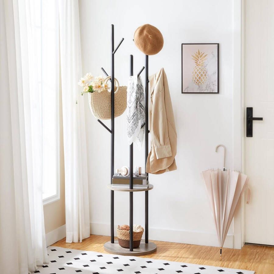 Merklose Garderobestandaard vrijstaand kledingrek garderobe in boomvorm met 8 haken 2 ronde planken voor kleding hoed tas woonkamer slaapkamer kantoor greige-zwart EBG33YM01