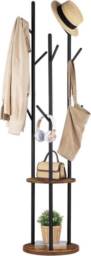 Garderobestandaard vrijstaand kledingrek garderobe in boomvorm met 8 haken 2 ronde planken voor kleding hoed tas woonkamer slaapkamer kantoor vintage bruin-zwart