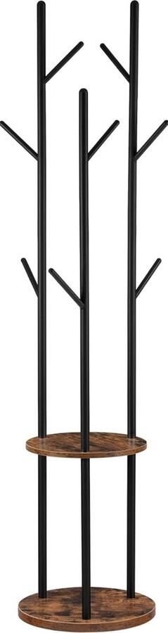 Garderobestandaard vrijstaand kledingrek garderobe in boomvorm met 8 haken 2 ronde planken voor kleding hoed tas woonkamer slaapkamer kantoor vintage bruin-zwart EBF33YM01