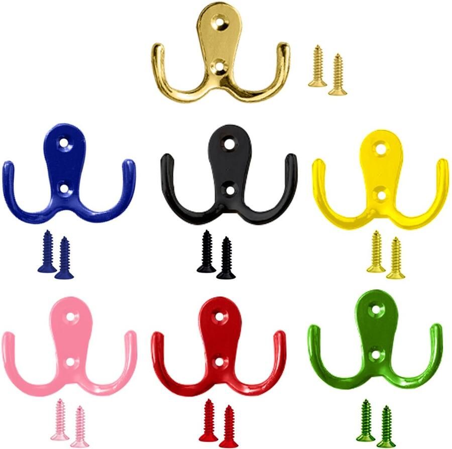 Gativs kapstokhaken 7 stuks kleurrijke hakenKleurrijke wandhaken Dubbele haken Wandhaken om te schroeven Wandhaken Handdoekhaken Hoedenhaken voor badkamer Keuken slaapkamer