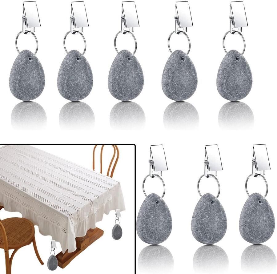 Gativs tafelkleedgewichten met clips 8 stuks tafelkleedgewichten voor buiten met stalen grijze stenen tafelkleedgewichten voor tafelkleedclips tafelkleedstenen hangers voor familiefeest kamperen