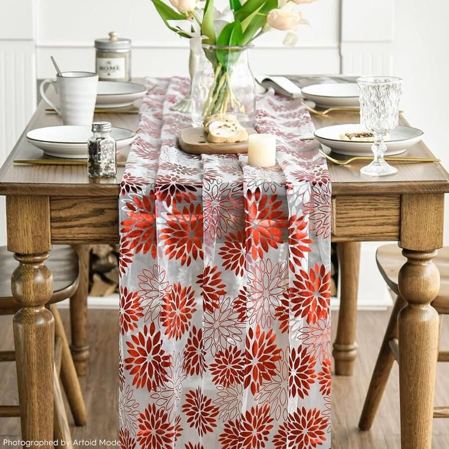 Gaze kaasdoek beige met rode dahlia's 1 stuk 70 x 300 cm