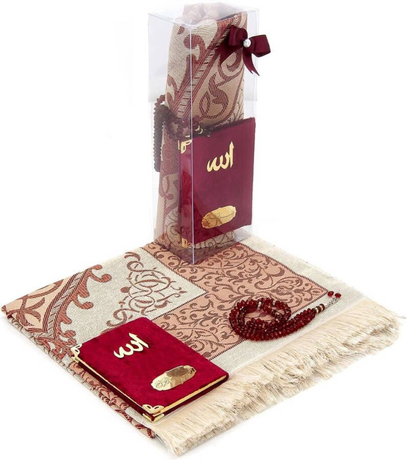 Gebedskleed Islam Bordeaux Bliss: Luxe Moslim Gebedsset met Taft Stof Tapijt Fluweel Yaseen Surah Boek en Prachtige Gebedskralen in Transparante Doos Ideaal Ramadan & Eid Geschenk