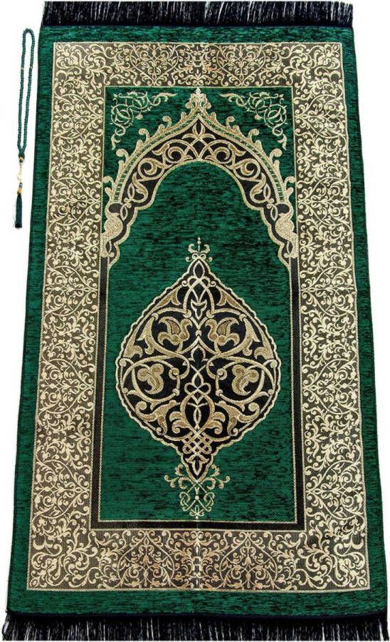 Gebedskleed Islam Groen Juweel van Spiritualiteit: Chenille Islamitisch Gebedskleed met Gebedskralen Een Perfect Geschenk!