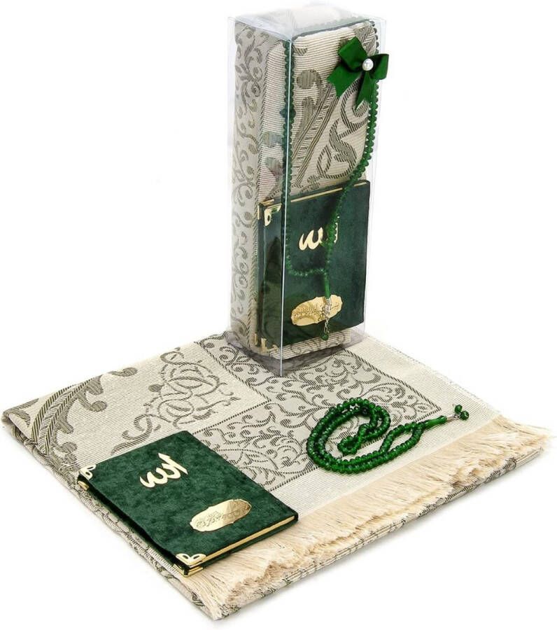 Gebedskleed Islam Groene Oase: Luxe Moslim Gebedsset met Taft Stof Tapijt Fluweel Bedekt Yaseen Surah Boek en Gebedskralen in Speciale Transparante Doos Perfecte Islamitische Ramadan Eid Geschenken