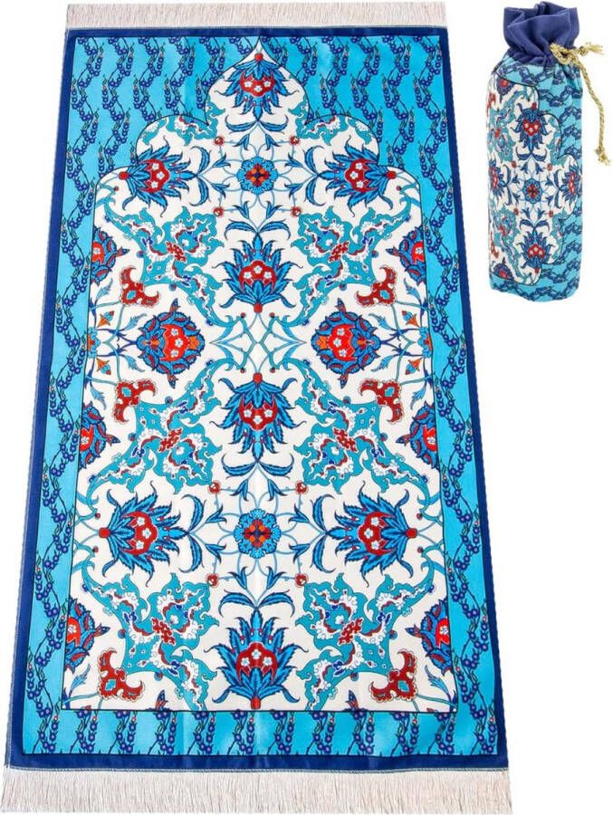 Gebedskleed Islam Verheven Sereniteit: Zijdeachtig Moslim Gebedskleed met Elegant Design Draagbare Islamitische Gebedsmat Perfect Ramadan en Eid Geschenk Gebedstapijt Mat met Handige Reistas in Blauw