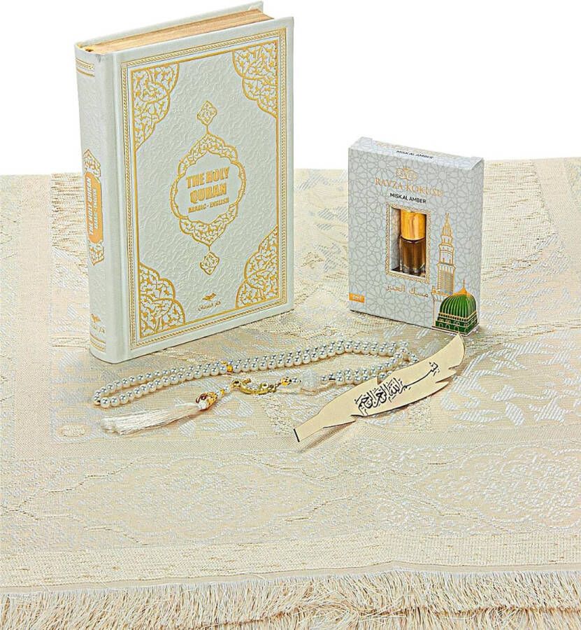 Gebedskleed Islam Witte Glorie: Complete Islamitische Gebedsgeschenkset voor Hajj en Umrah Met Gebedskleed Kralen Taasbih Engels Vertaalde Heilige Koran Kufi-hoed Perfect voor Ramadan en Eid