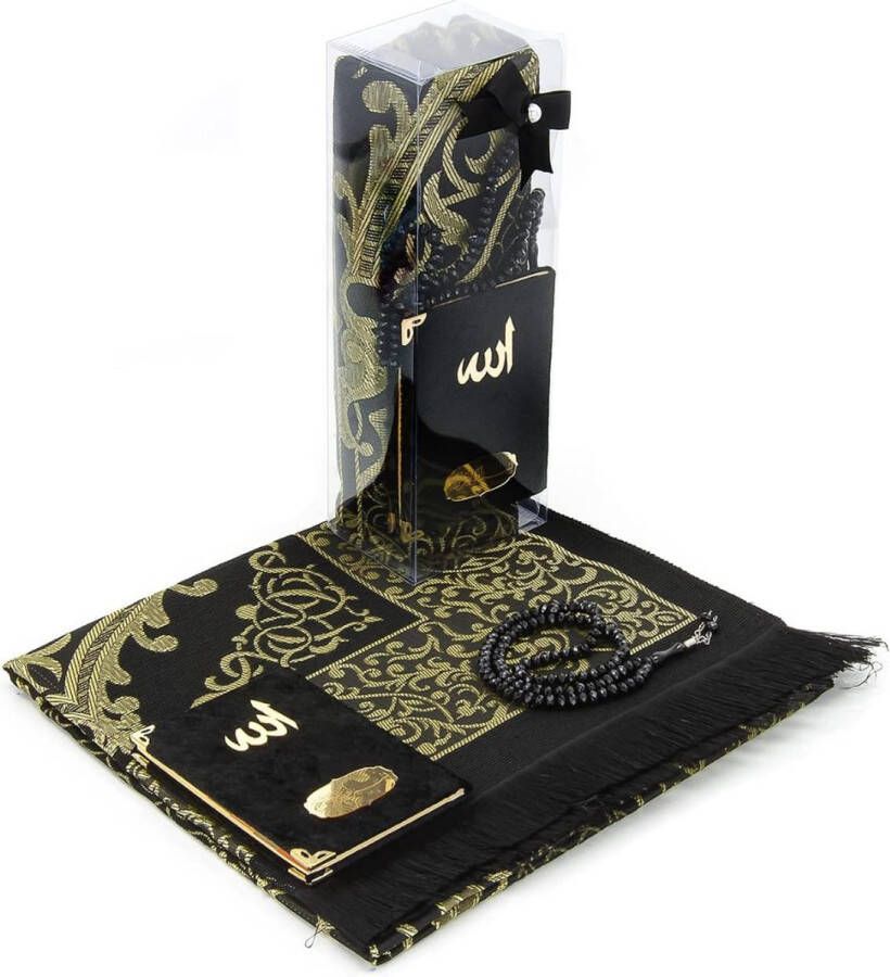 Gebedskleed Islam Zwarte Elegante Islamitische Geschenkset: Yaseen Surah Zakformaat Boek Taffeta Stof Moslim Gebed Tapijt Fluweel Bedekte Gebedskralen in Speciale Transparante Doos Ideaal voor Ramadan en Eid