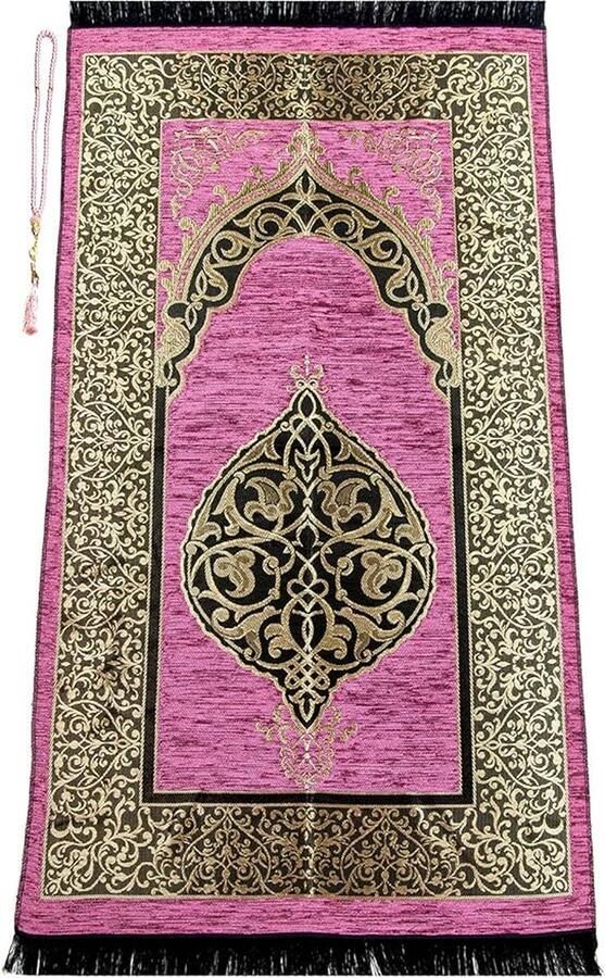 Gebedskleed voor moslims met gebedskralen Janamaz Sajadah zacht islamitisch gebedskleed islamitische geschenken gebedstapijt mat chenillestof roos