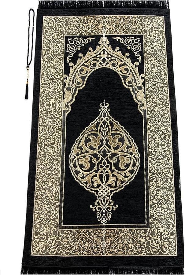 Gebedskleed voor moslims met gebedskralen Janamaz Sajadah zacht islamitisch gebedskleed islamitische geschenken gebedstapijt mat chenillestof zwart