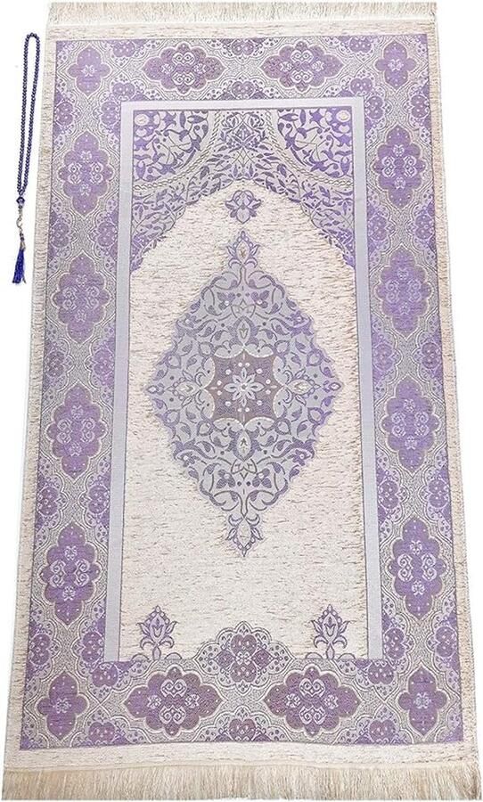 Gebedskleed voor moslims met gebedskralen Janamaz Sajadah zacht islamitisch gebedskleed islamitische geschenken gebedskleedmat chenillestof donkerlila