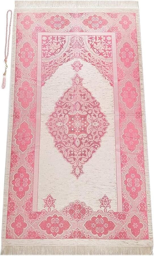Gebedskleed voor moslims met gebedskralen Janamaz Sajadah zacht islamitisch gebedskleed islamitische geschenken gebedstapijt mat chenillestof fuchsia