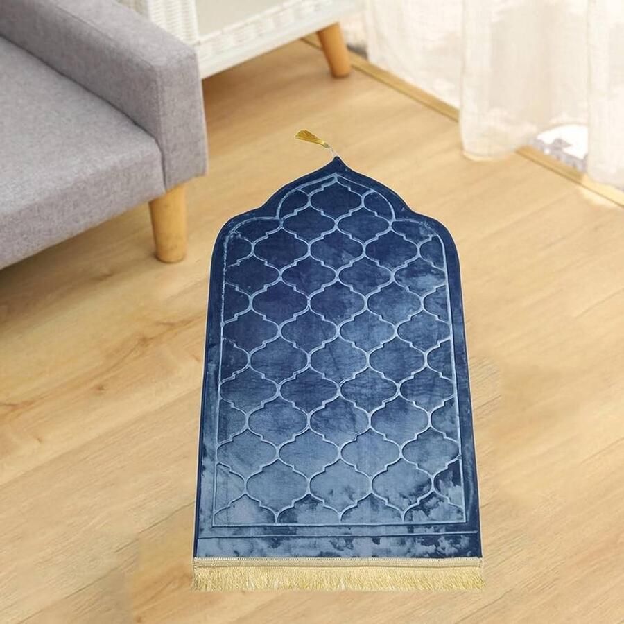 Gebedsmat – Comfortabele & Zachte Islamitische Prayer Mat – Antislip Gebedskleed met Gouden afwerkingen– Blauw – 115 x 65 cm - Foto 2