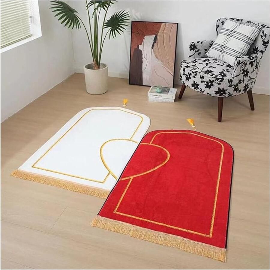Gebedstapijt – moslim gebedstapijt dik en zacht kasjmier islamitisch bedtapijt voor vrouwen en mannen ramadan Eid Bayram religieuze oefening cadeau (wit rood 80 x 140 cm)