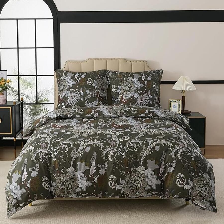 Gebloemd beddengoed 240 x 220 cm 3-delig dekbedovertrek barokke stijl bloemen beddengoedset 240 x 220 cm en 2 kussenslopen van 80 x 80 cm met ritssluiting voor dames eenpersoonsbed