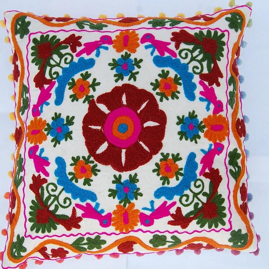 Geborduurde suzani kussenhoes 16x16 decoratieve sierkussensloop met pompoms buitenkussens boho stijlvolle kussenslopen
